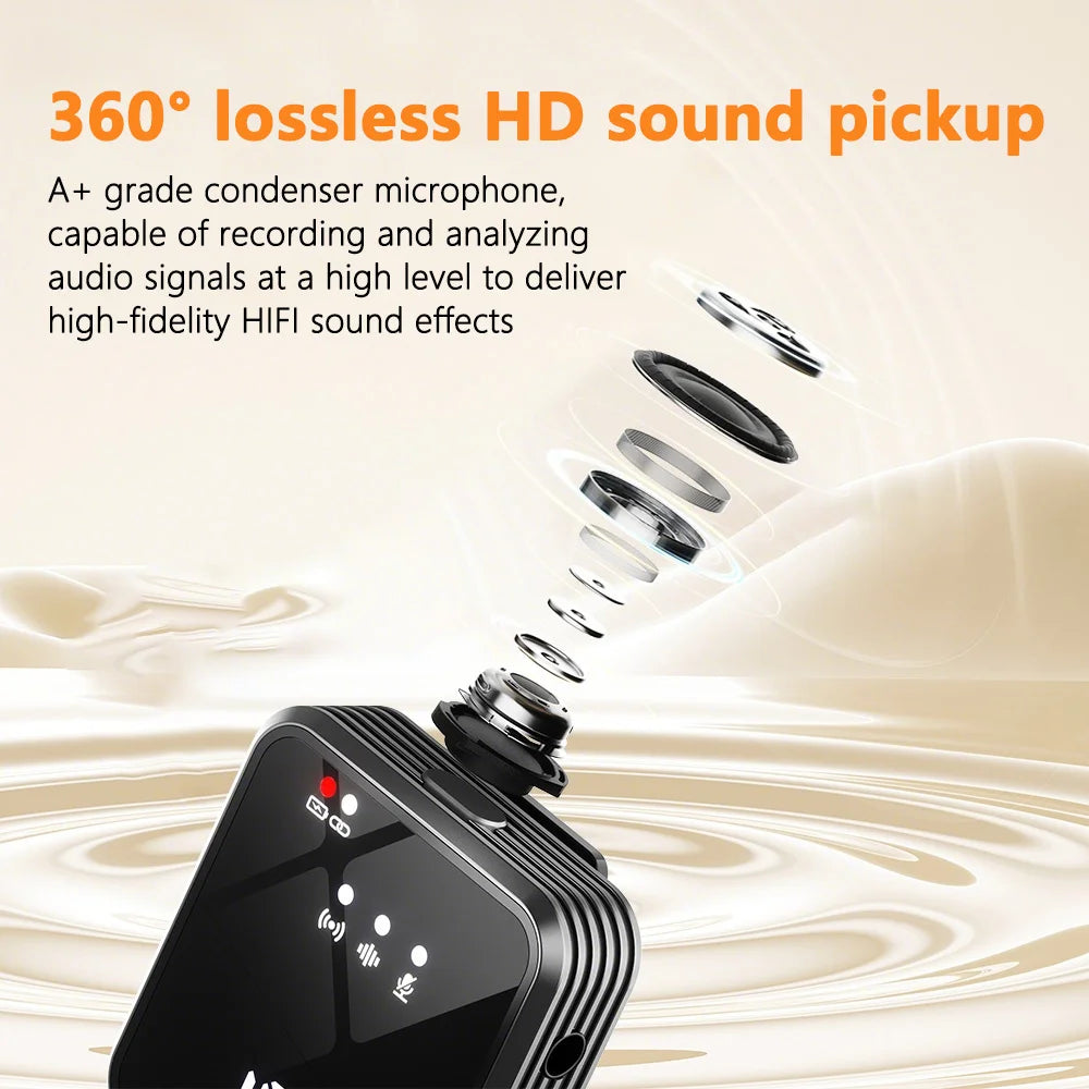 Wireless lavalier microphone with smart noise cancellation, 360 °   omnidirectional pickup, digital battery level display, and a compact, portable design—ideal for recording, interviews, and video conferences. Compatible w