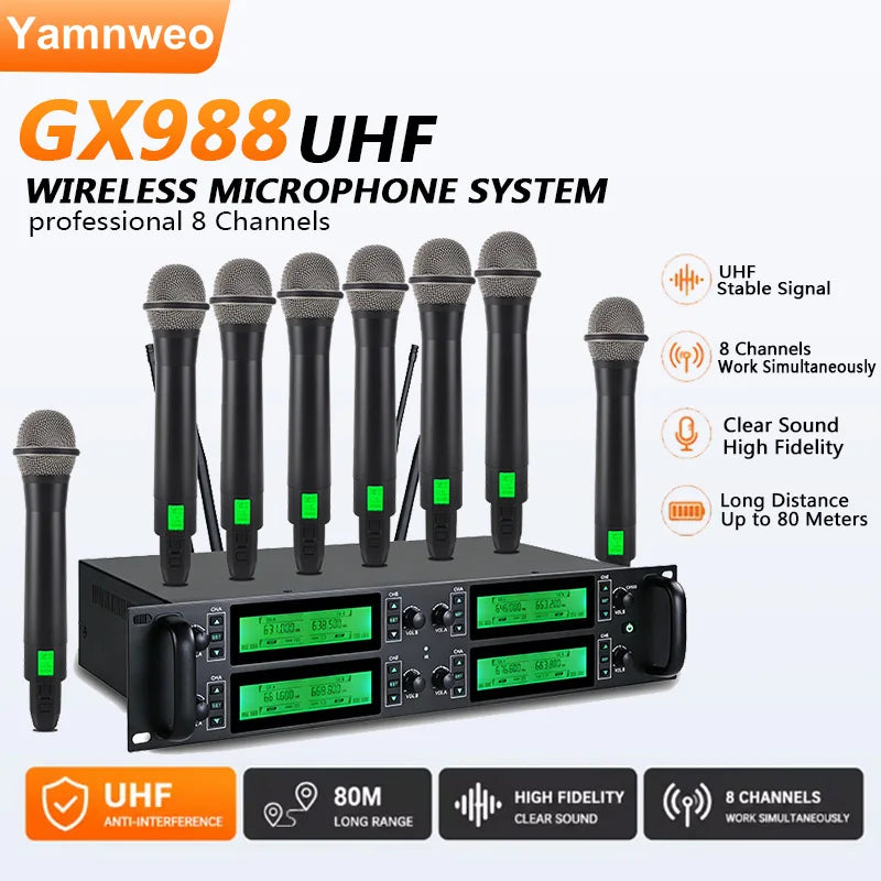 YAMNWEO GX 2/4/8 Channel UHF Wireless Microphone System, Handheld Dynamic Mics, Anti-Howling Stable Signal, Cardioid Pickup for Stage Karaoke Wedding Church Speech Teaching Performance
