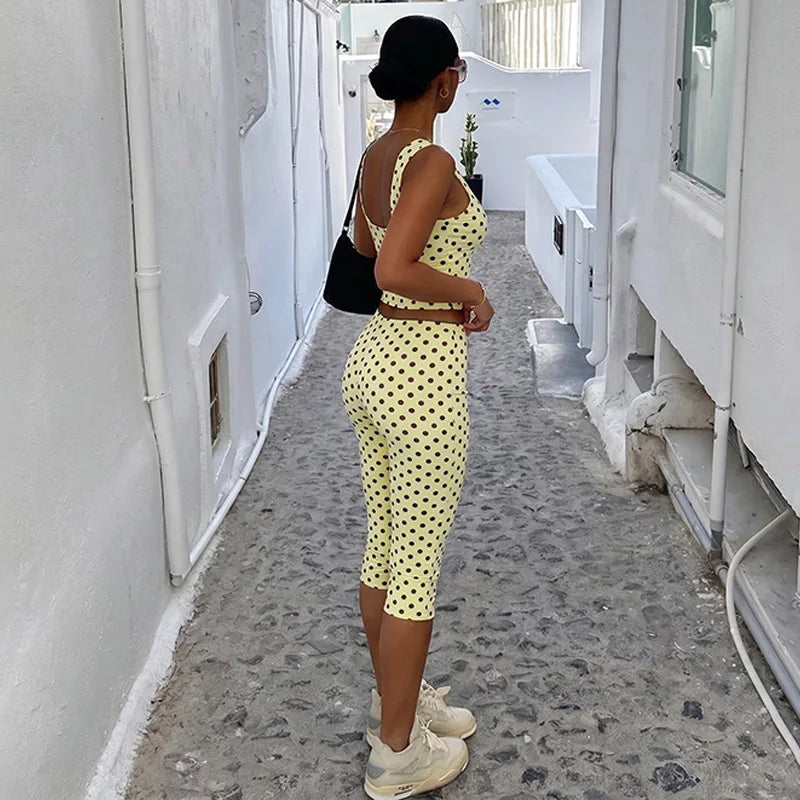 Women Polka Dot 2 Piece Outfit Sleeveless Crew Neck Crop Tank Top High Waist Capri Leggings Matching Sets Y2K Streetwear Co Ord