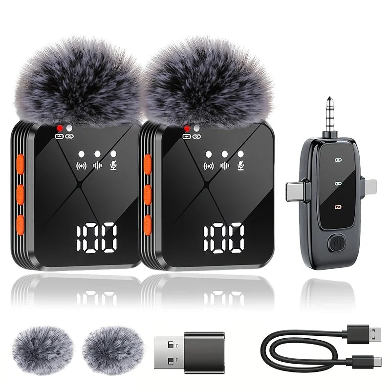Wireless lavalier microphone with smart noise cancellation, 360 °   omnidirectional pickup, digital battery level display, and a compact, portable design—ideal for recording, interviews, and video conferences. Compatible w