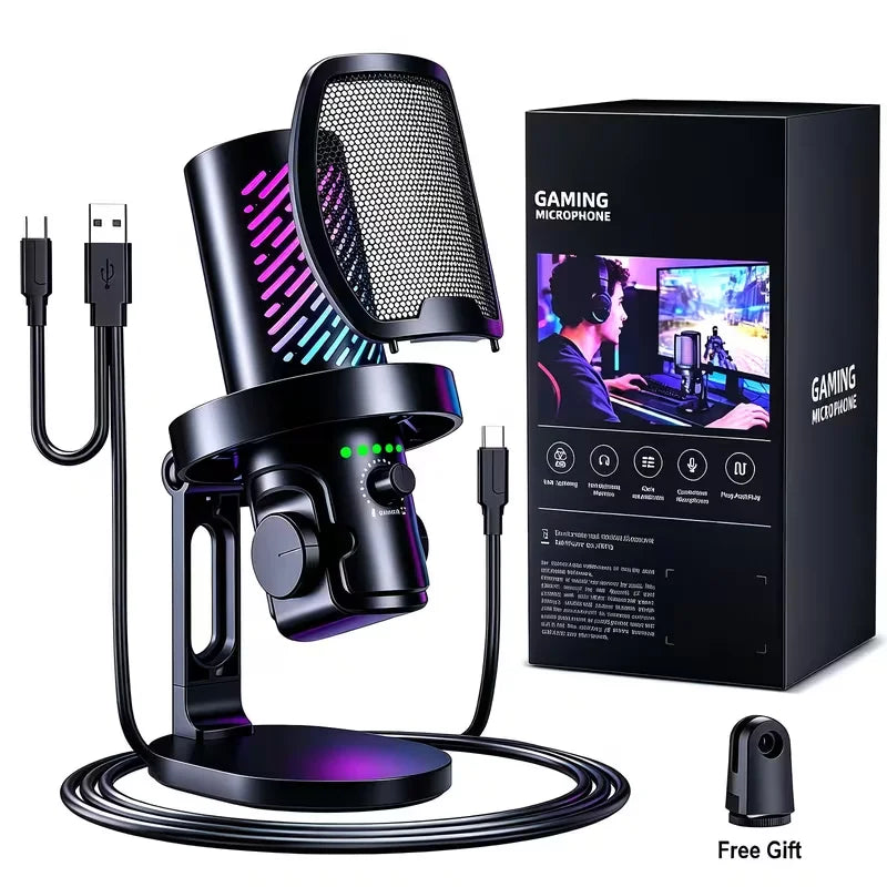 Tenlamp RGB USB Gaming Microphone for PC Mac PS4 PS5, Professional Condenser Mic with Gain Control & Headphone Jack, Noise Cancelling Streaming Mic for Podcast Recording YouTube Desktop Laptop