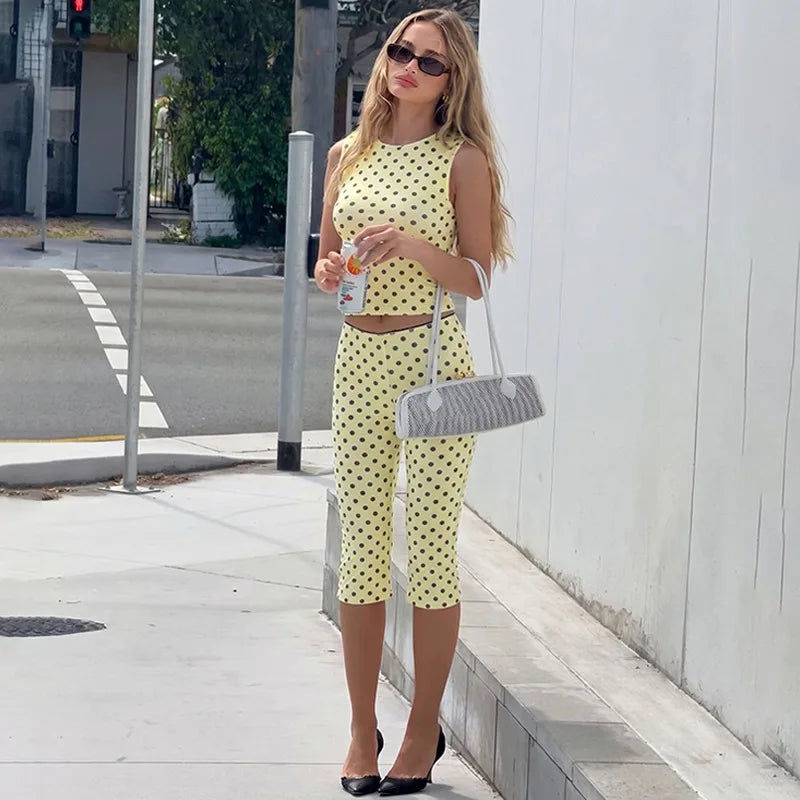 Women Polka Dot 2 Piece Outfit Sleeveless Crew Neck Crop Tank Top High Waist Capri Leggings Matching Sets Y2K Streetwear Co Ord