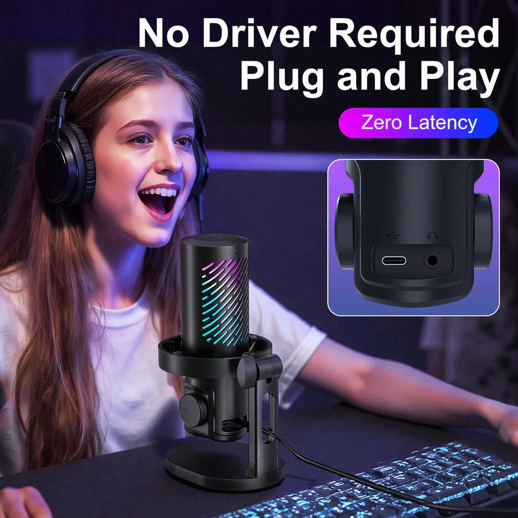 Tenlamp RGB USB Gaming Microphone for PC Mac PS4 PS5, Professional Condenser Mic with Gain Control & Headphone Jack, Noise Cancelling Streaming Mic for Podcast Recording YouTube Desktop Laptop
