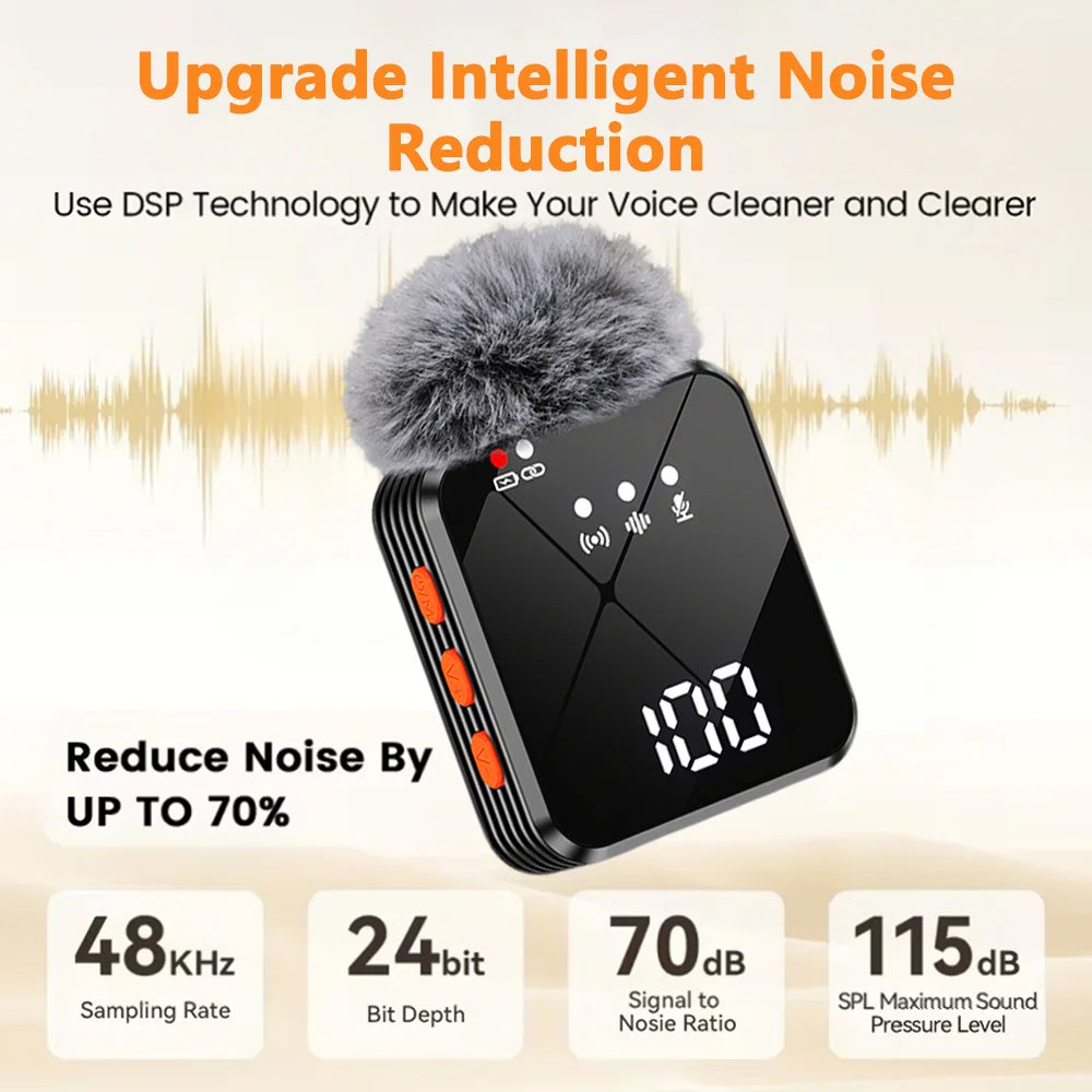 Wireless lavalier microphone with smart noise cancellation, 360 °   omnidirectional pickup, digital battery level display, and a compact, portable design—ideal for recording, interviews, and video conferences. Compatible w