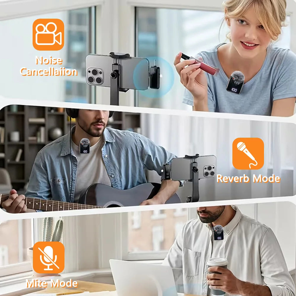 Wireless lavalier microphone with smart noise cancellation, 360 °   omnidirectional pickup, digital battery level display, and a compact, portable design—ideal for recording, interviews, and video conferences. Compatible w