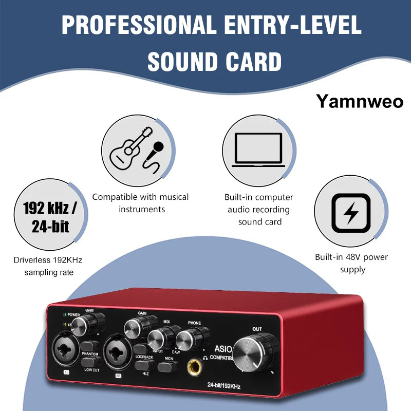 YAMNWEO MD22 Portable 2-Channel USB Audio Interface, 24Bit/192kHz Sound Card with Independent Gain Control, Low Cut & Loopback Function, Beginner Friendly for Home Studio, Podcasting, Gaming, Streaming & Music Production