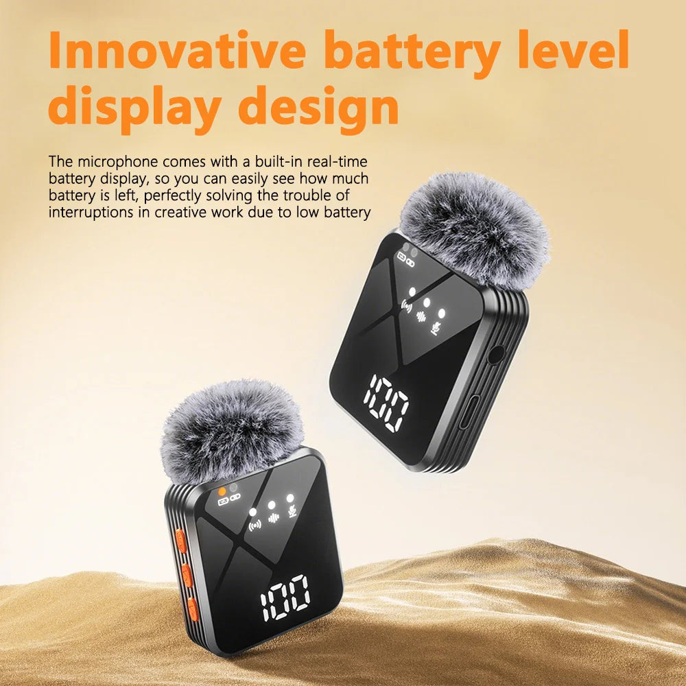 Wireless lavalier microphone with smart noise cancellation, 360 °   omnidirectional pickup, digital battery level display, and a compact, portable design—ideal for recording, interviews, and video conferences. Compatible w