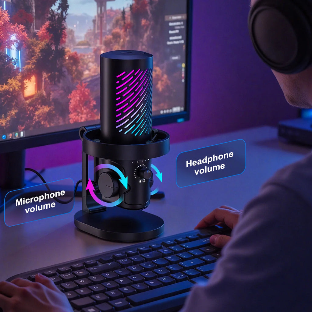 Tenlamp RGB USB Gaming Microphone for PC Mac PS4 PS5, Professional Condenser Mic with Gain Control & Headphone Jack, Noise Cancelling Streaming Mic for Podcast Recording YouTube Desktop Laptop