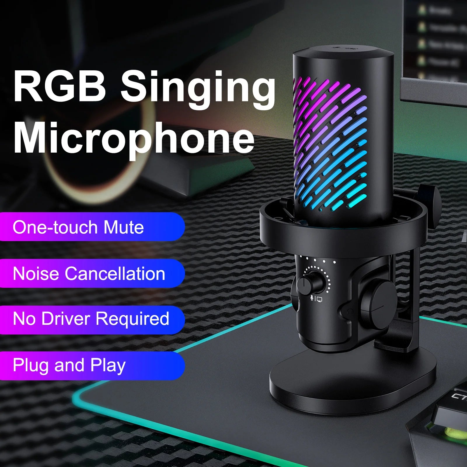 Tenlamp RGB USB Gaming Microphone for PC Mac PS4 PS5, Professional Condenser Mic with Gain Control & Headphone Jack, Noise Cancelling Streaming Mic for Podcast Recording YouTube Desktop Laptop