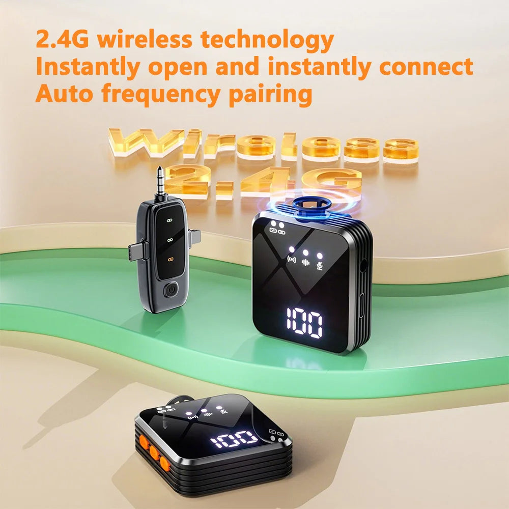 Wireless lavalier microphone with smart noise cancellation, 360 °   omnidirectional pickup, digital battery level display, and a compact, portable design—ideal for recording, interviews, and video conferences. Compatible w