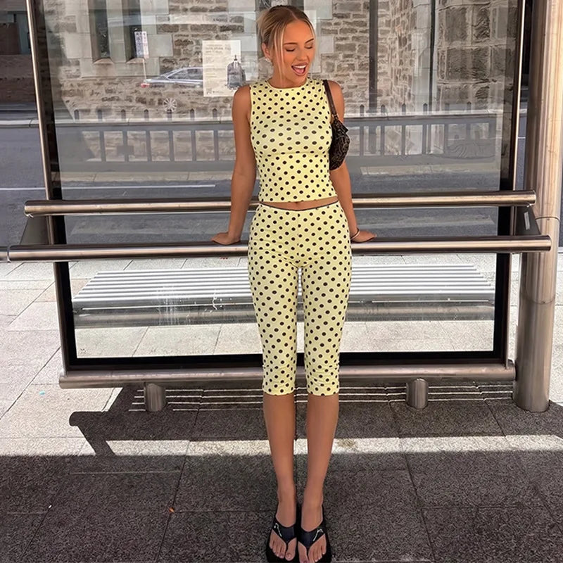 Women Polka Dot 2 Piece Outfit Sleeveless Crew Neck Crop Tank Top High Waist Capri Leggings Matching Sets Y2K Streetwear Co Ord
