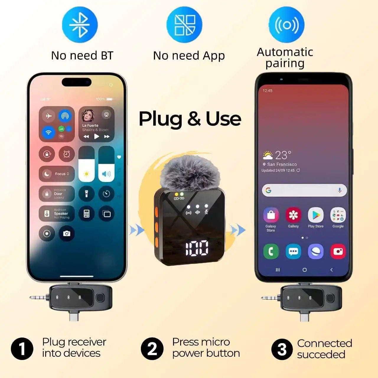 Wireless lavalier microphone with smart noise cancellation, 360 °   omnidirectional pickup, digital battery level display, and a compact, portable design—ideal for recording, interviews, and video conferences. Compatible w