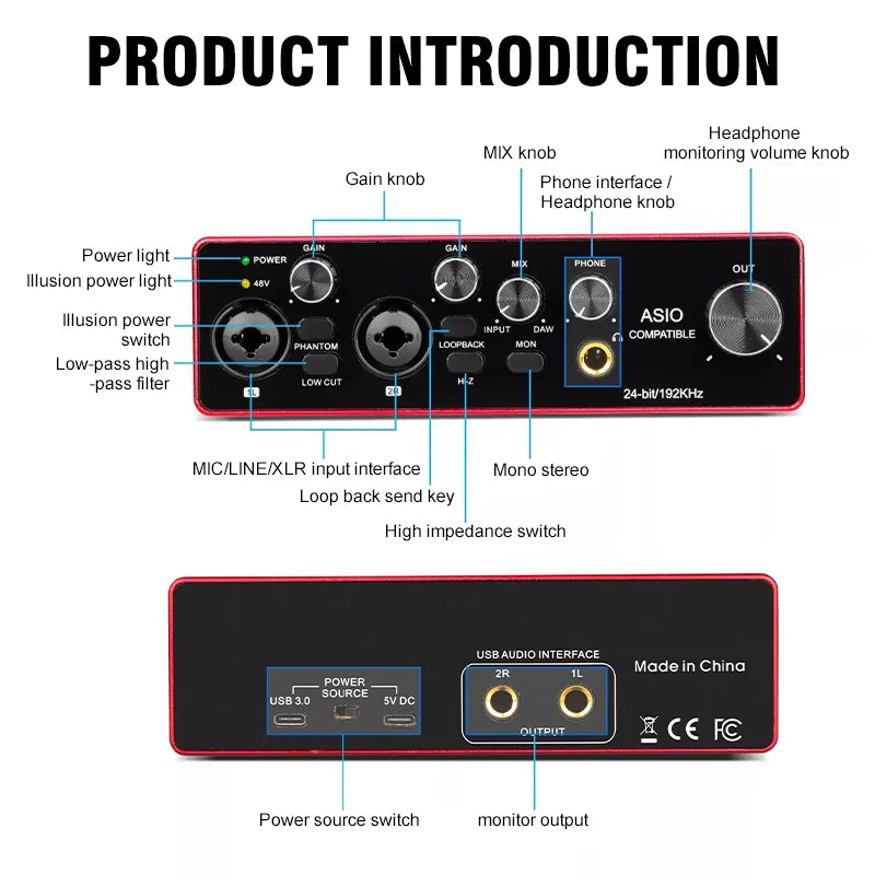 YAMNWEO MD22 Portable 2-Channel USB Audio Interface, 24Bit/192kHz Sound Card with Independent Gain Control, Low Cut & Loopback Function, Beginner Friendly for Home Studio, Podcasting, Gaming, Streaming & Music Production