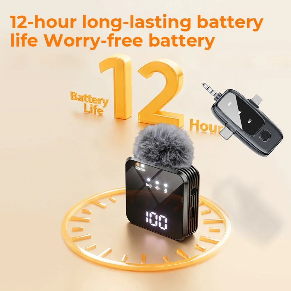 Wireless lavalier microphone with smart noise cancellation, 360 °   omnidirectional pickup, digital battery level display, and a compact, portable design—ideal for recording, interviews, and video conferences. Compatible w