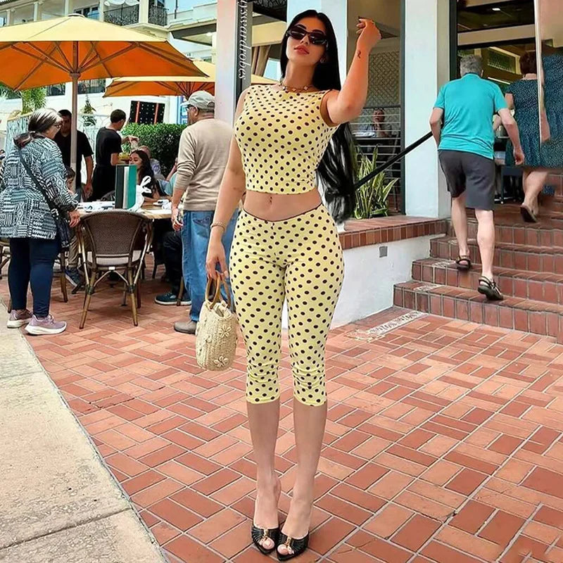 Women Polka Dot 2 Piece Outfit Sleeveless Crew Neck Crop Tank Top High Waist Capri Leggings Matching Sets Y2K Streetwear Co Ord